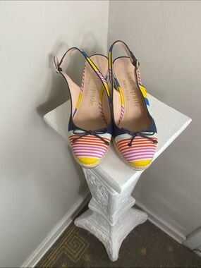 kate spade Multicolor Striped Navy Trim Slingback Espadrille Wedges